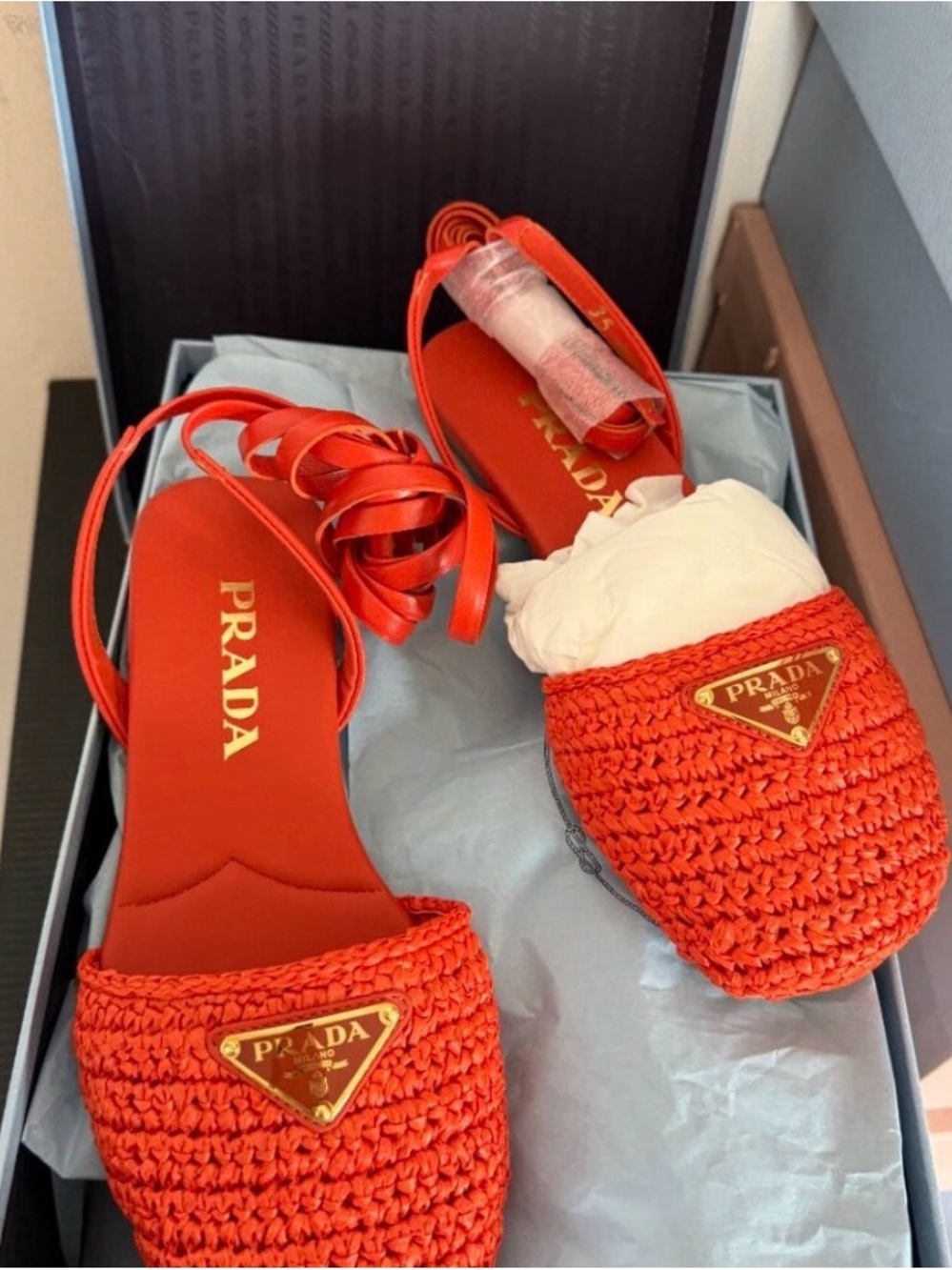 Prada Women’s Orange Raffia Lace-Up Flat Espadrilles Authentic NIB Size 5 - Picture 5 of 9